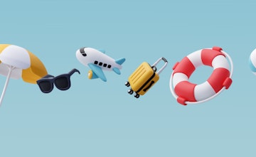 Eine Grafik mit Sonnenschirm, Sonnenbrille, Flugzeug, Koffer, Schwimmring und Ball.